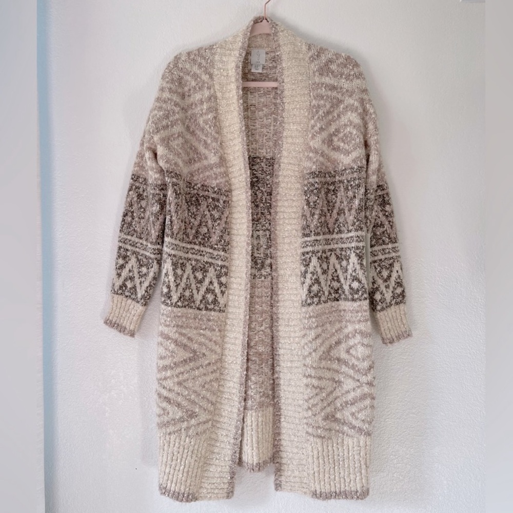 JOIE • Cream brown Nordic fair isle long sweater cardigan duster $198